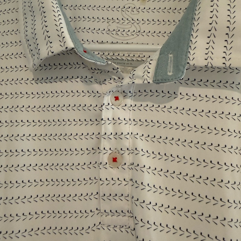 Men's White Polo with Navy Arrow Print and Light Blue Trim